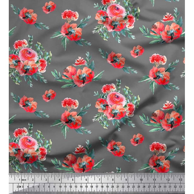 Soimoi Gray polyester Crepe Fabric Leaves & Ranunculus Floral Printed Craft Fabric by the Yard 42 Inch Wide