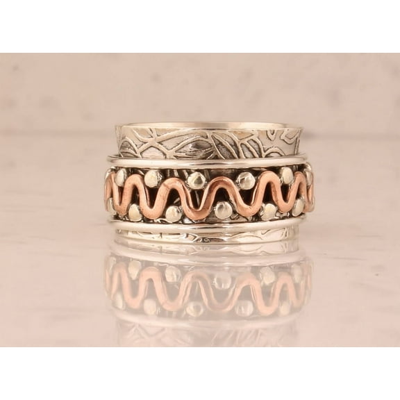 Good Looking Handmade Oxidized 925 Sterling Silver Spinner Ring – Wave Band Meditation Ring for Women, Thumb Fidget Spinning Ring Ring Size- 4.5