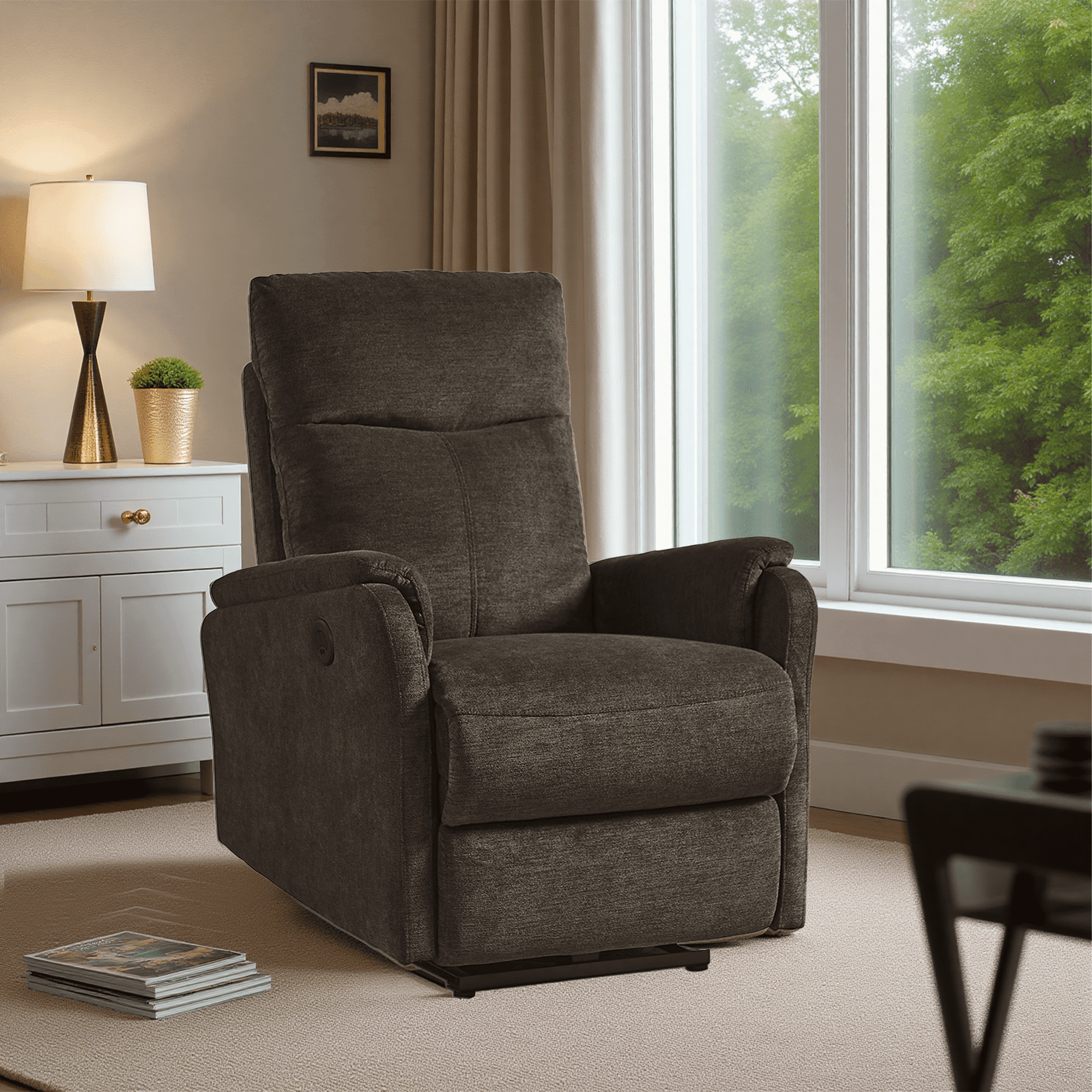 MAYEERTY Recliner Chair With Power function and Deep Body Cushions, Dark Brown Fabric Upholstery