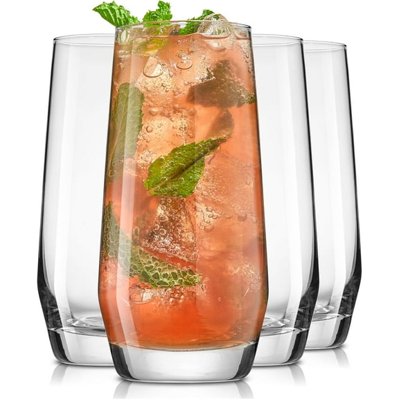 Jeskie Gwen 18.5 oz Highball Glasses, 4pc Tall Glass Sets. Lead-Free Crystal Glass Drinking Glasses. Water Glasses, Mojito Glass Cups, Tom Collins Bar Glassware, and Mixed Drink Cocktail Glass Set