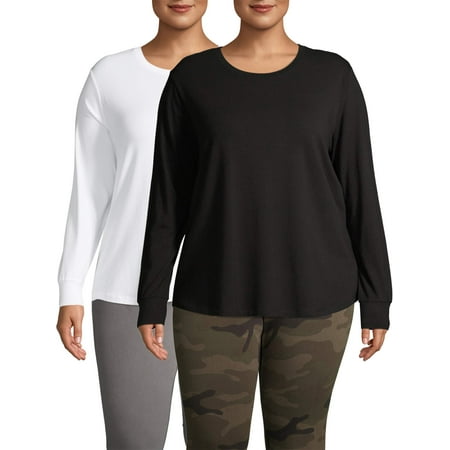 Terra & Sky Women's Plus Size Long Sleeve Everyday Essential Crewneck T-Shirt, 2-Pack