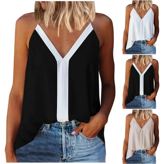 HAPIMO Women's Summer Tank Tops V-Neck Blouse Colorblock Print Tops Sleeveless Shirts for Girls Daily Basic Camisole Casual Strap Camis Vest Beige XXL