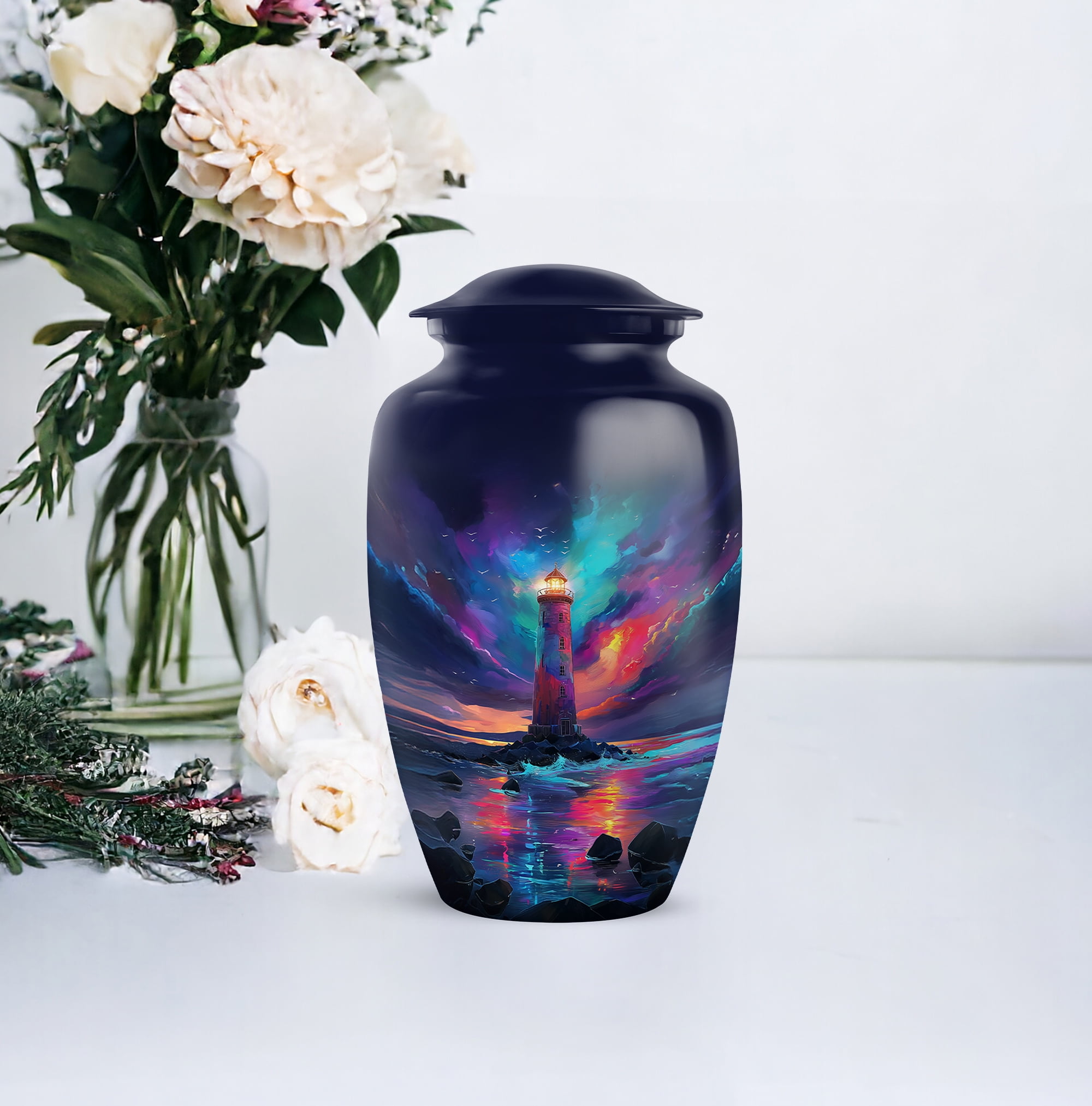 Lighthouse Memorial Urn For Keepsake Large, Blue Keepsake Urns For Human Ashes For Female, Purple Little Cremation Urns For Mom And Dad, 1 Large With Set Of 4 Mini Urn For Sister ,combo 10&3 Inch