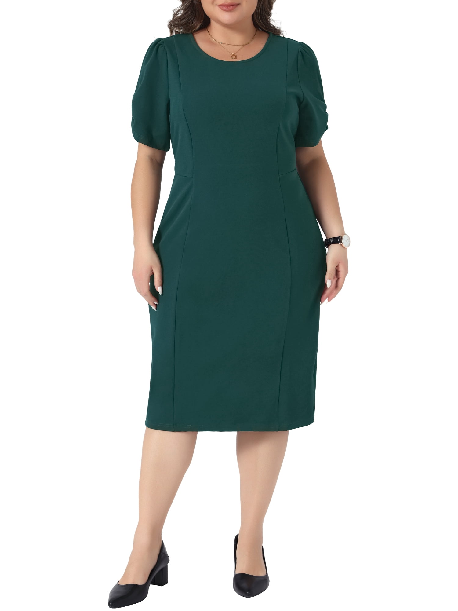 DARING DIVA Plus Size  Short Sleeve Sheath Solid Dress 2X Dark Green