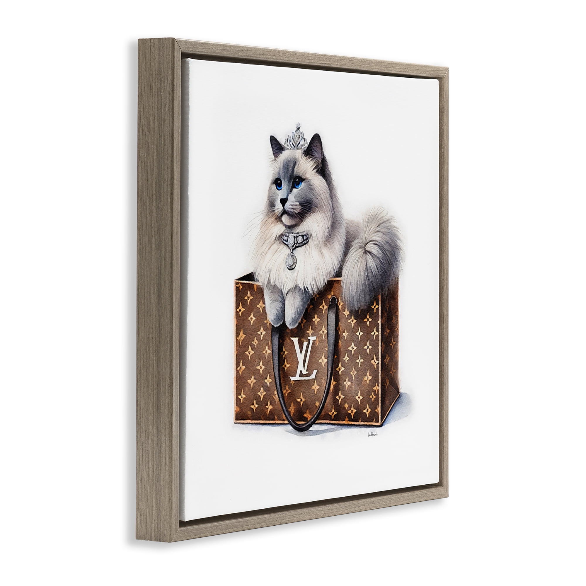 Stupell Industries Cat in Glam Purse Animals Painting Brown Floater Framed Canvas Art Print Wall Art, 25 x 25