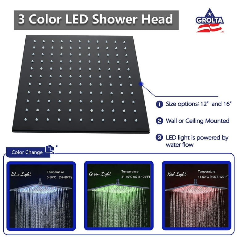 Matte Black Led Rain Shower System with 3 factory Light Colors