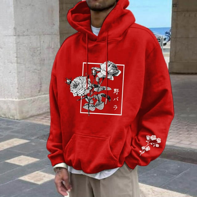 MHFRRA Sudadera con Capucha y Estampado Floral para Hombre, Informal, con Cordón y Manga Larga Rojo