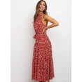 thumbnail image 2 of Women'S Summer Polka Dot Print Sleeveless Halter Neck Flowy Ruffle Hem Long Boho Dresses with Belt Wine Red XXL, 2 of 6