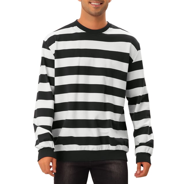 SUDADERAS CHIC para Hombres con Rayas Contrastantes, Cuello Redondo, Manga Larga, Corte Regular, Sudadera Pullover XL Negro Blanco