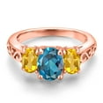 thumbnail image 3 of Gem Stone King 18K Rose Gold Plated Silver London Blue Topaz and Yellow Citrine Filigree Style 3 Stone Ring for Women (2.40 Cttw, Oval 8X6MM and 6X4MM) (Size 7), 3 of 6