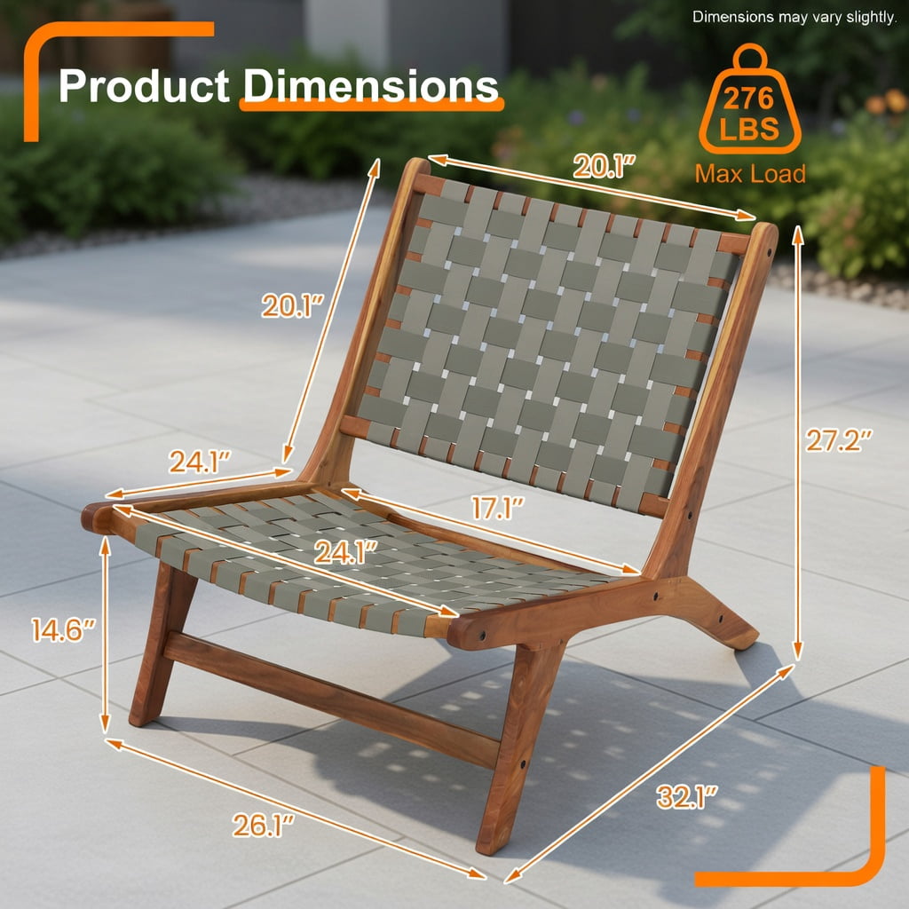 Hommoo Mid-Century Modern Teak Wood Outdoor Accent Chair with Breathable Nylon Webbing Seat, Wood & Gray Design, Indoor/Outdoor Use, Natural