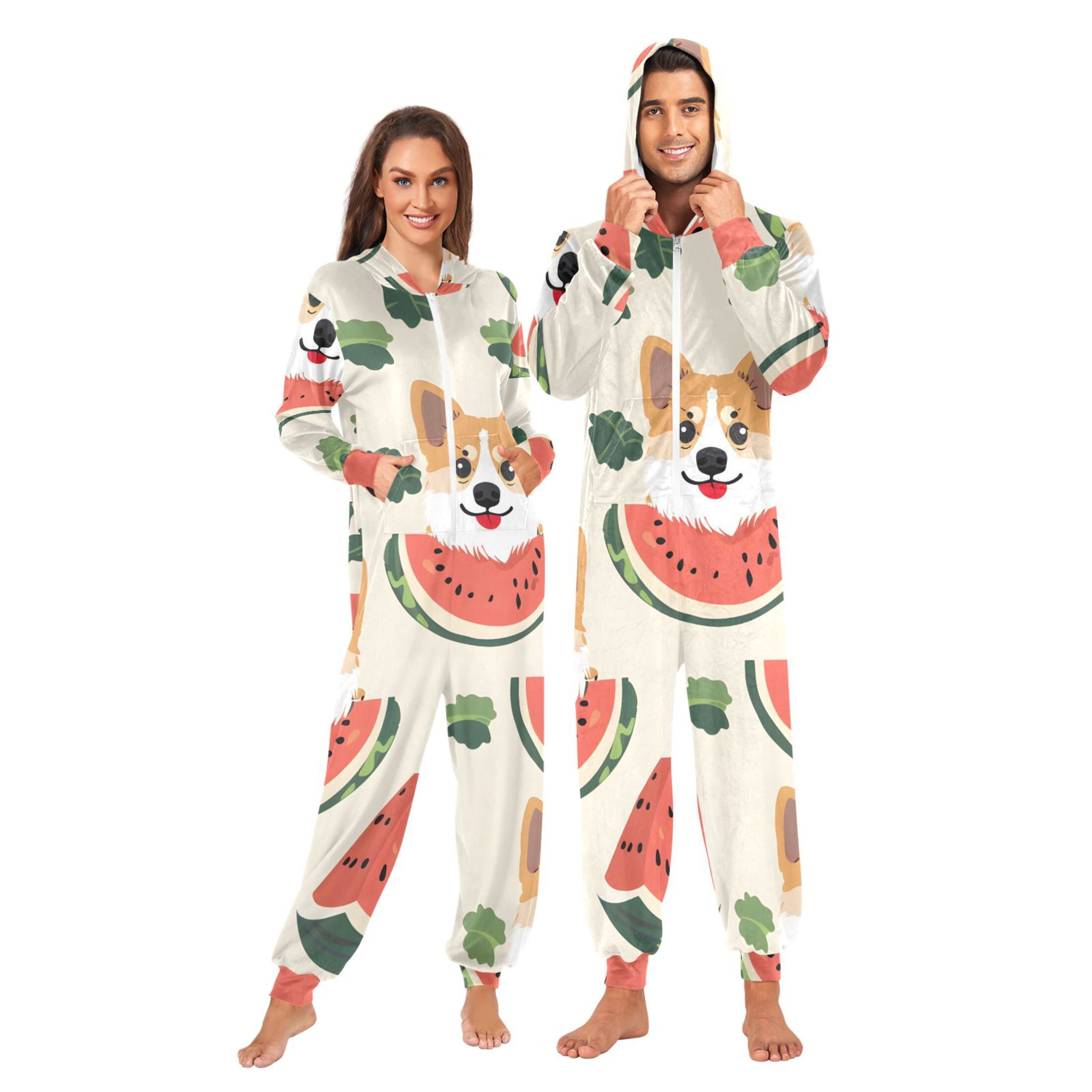 Dogs Eating Melons Leaves Adult's Hoodie Onesie Jumpsuit One-Piece Pajamas with Zipper Unisex for Holiday M