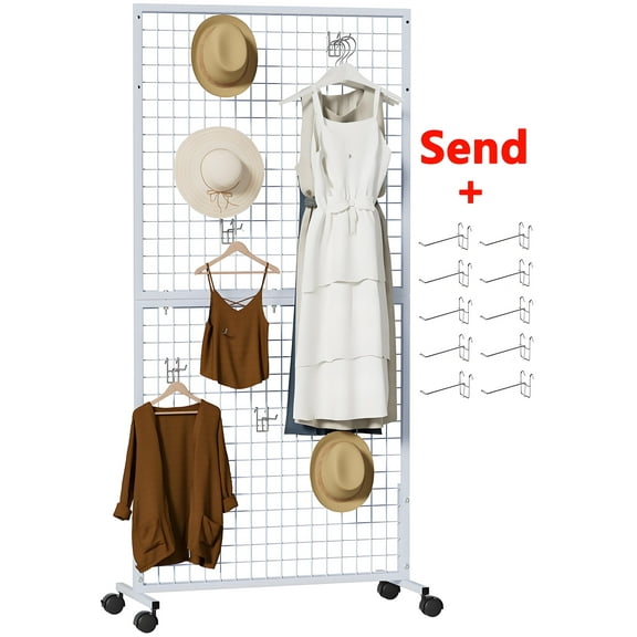 Petoto 3' x 6' Gridwall Panel Tower, Retail Wire Grid Display Rack with 10 Hooks, Removable Floor Standing Metal Wire Wall Mesh with Wheels, White
