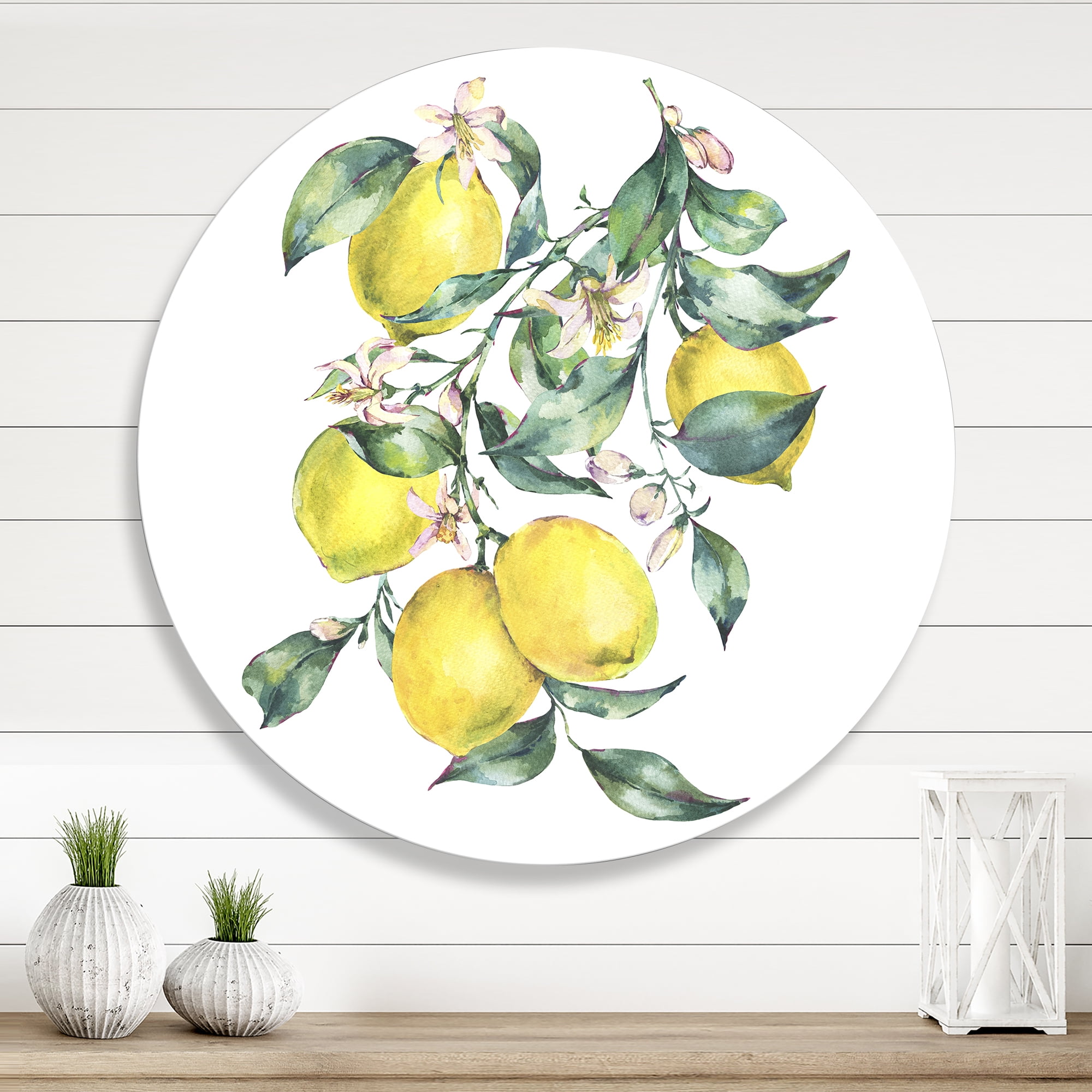 Designart 'Branch of Leaves and Yellow Lemons I' Tropical Circle Metal Wall Art 23x23 - Disc of 23