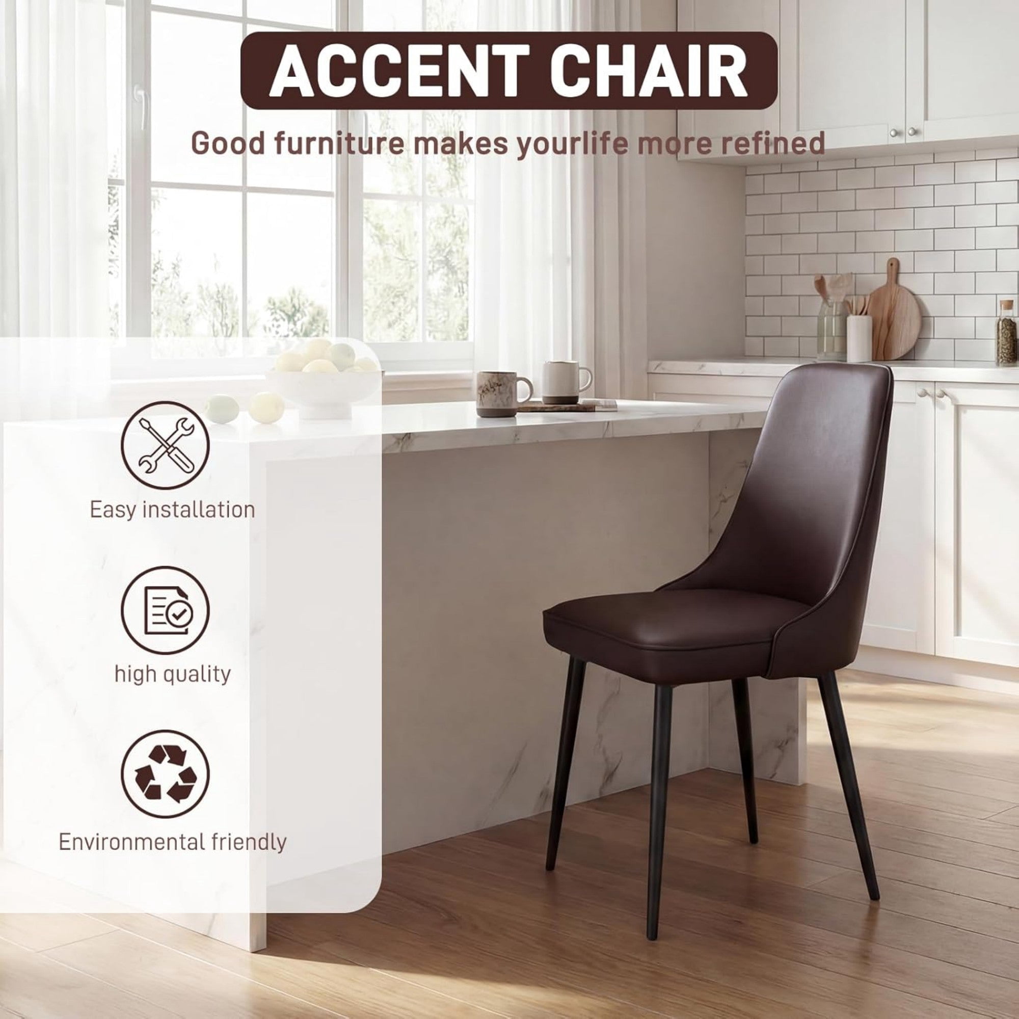 Sailvan Modern Dining Chairs Set of 4,Faux Leather Upholstered Kitchen Chairs with Ergonomic Curved Back and Metal Legs,Waterproof Side Chairs for Dining Room Brown