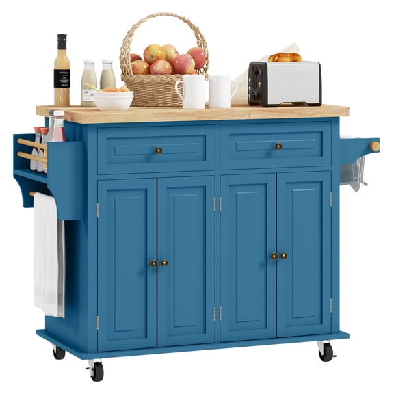 Kitchen Island on Wheels, Turquoise Rolling Cart with Spice Rack & Drawers