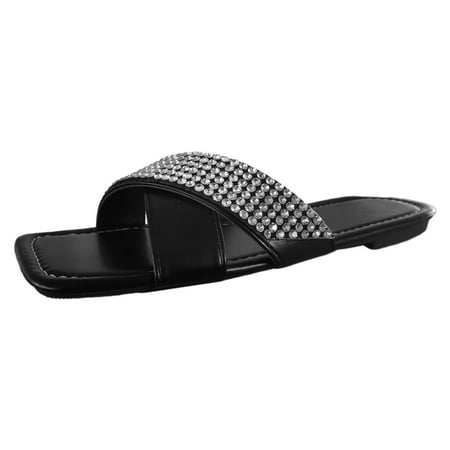 

PMUYBHF Female Womens Sandals White Size 6 Ladies Casual Simple Shiny Rhinestone One Strap Beach Outside Wear Soft Bottom Large Size Sandals Slippers Black 38