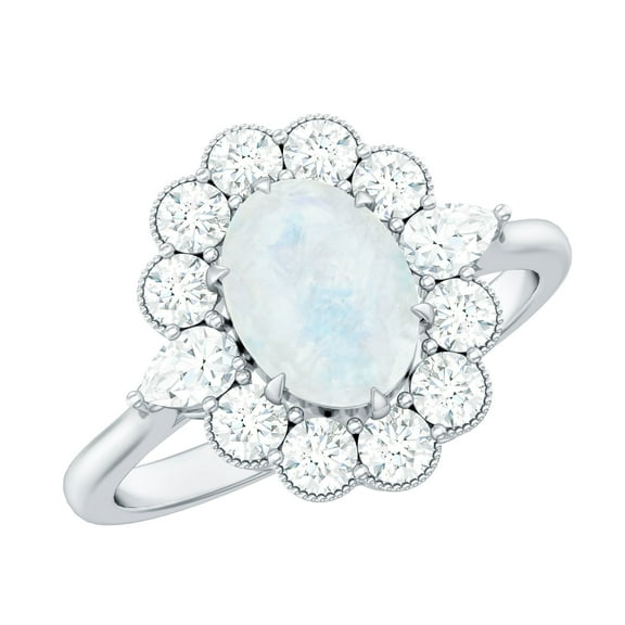 Rosec Jewels Oval Moonstone Ring for Women with Moissanite Halo - 6X8 mm, AAA Quality, 925 Sterling Silver, US 4.00