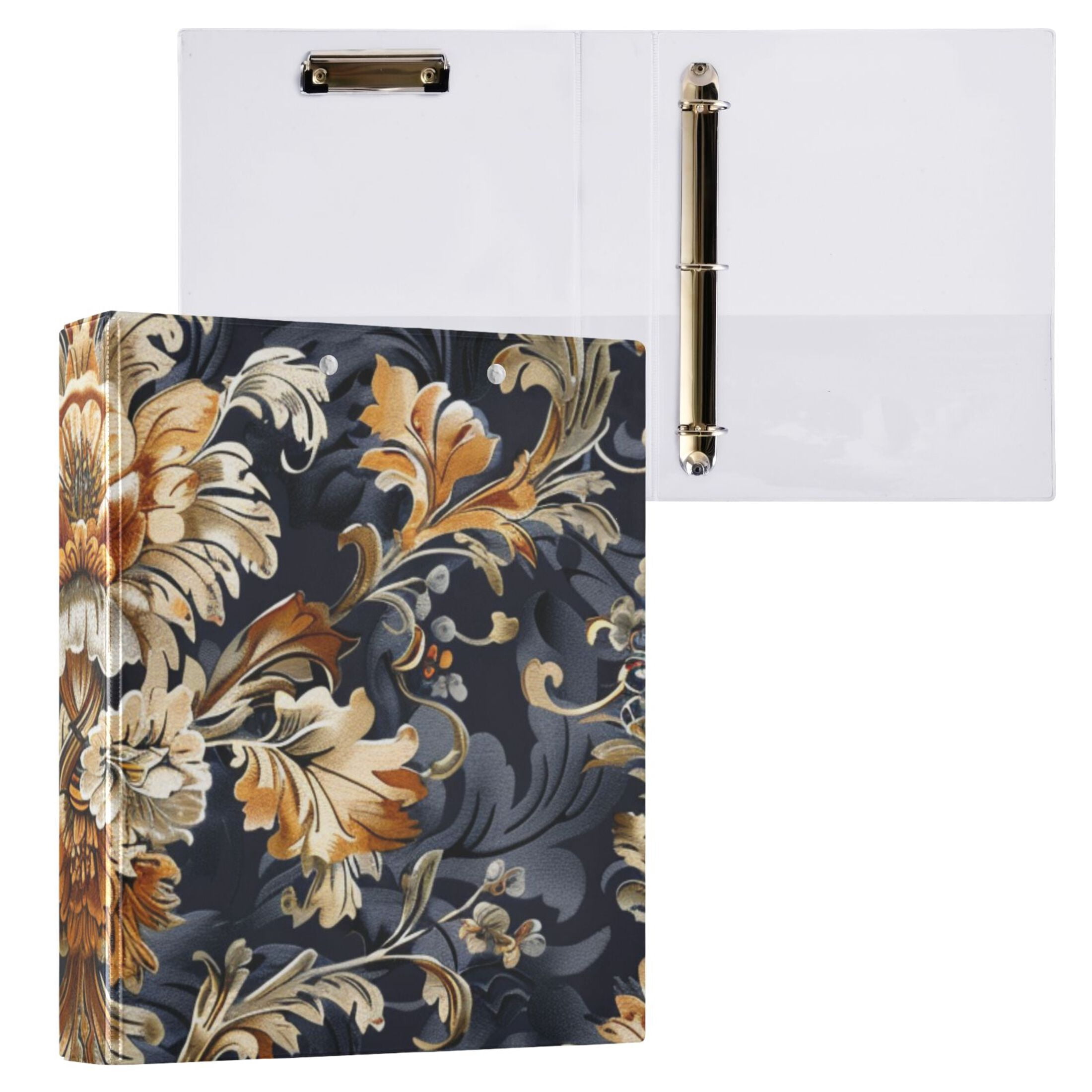 Floral Gold 3 Ring Binders 1.5 inch Hardcover File Folders with Interior Pockets A4 Size Organizer for School Office Hospital