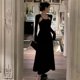 thumbnail image 1 of Maxivestido negro para mujer, diseño sin espalda, ajustado, Vintage, manga larga, informal, para Fiesta de Primavera, estilo francés, básico que combina con todo, 1 of 4