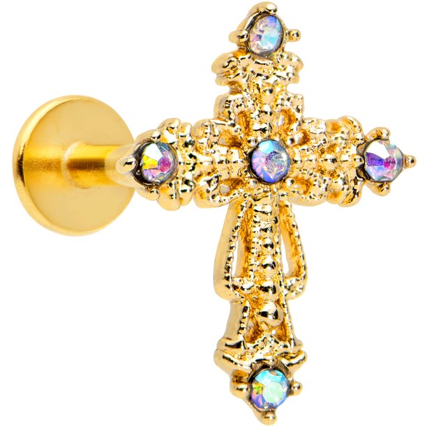 Body Candy Womens 16G PVD Steel Aurora Cross Labret Monroe Lip Ring