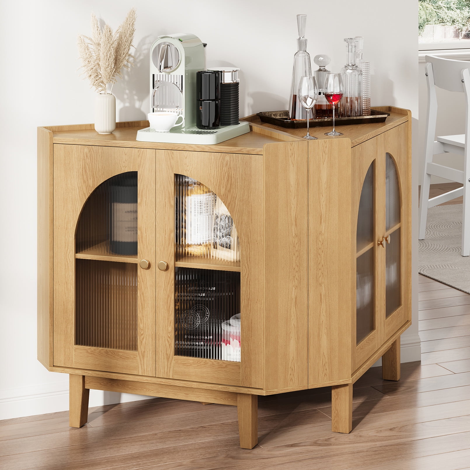 Vividwood Floor Corner Cabinet with Doors and Shelves, Fluted Storage Cabinet Freestanding Corner Cabinet for Bathroom, Kitchen, Living Room, Wood
