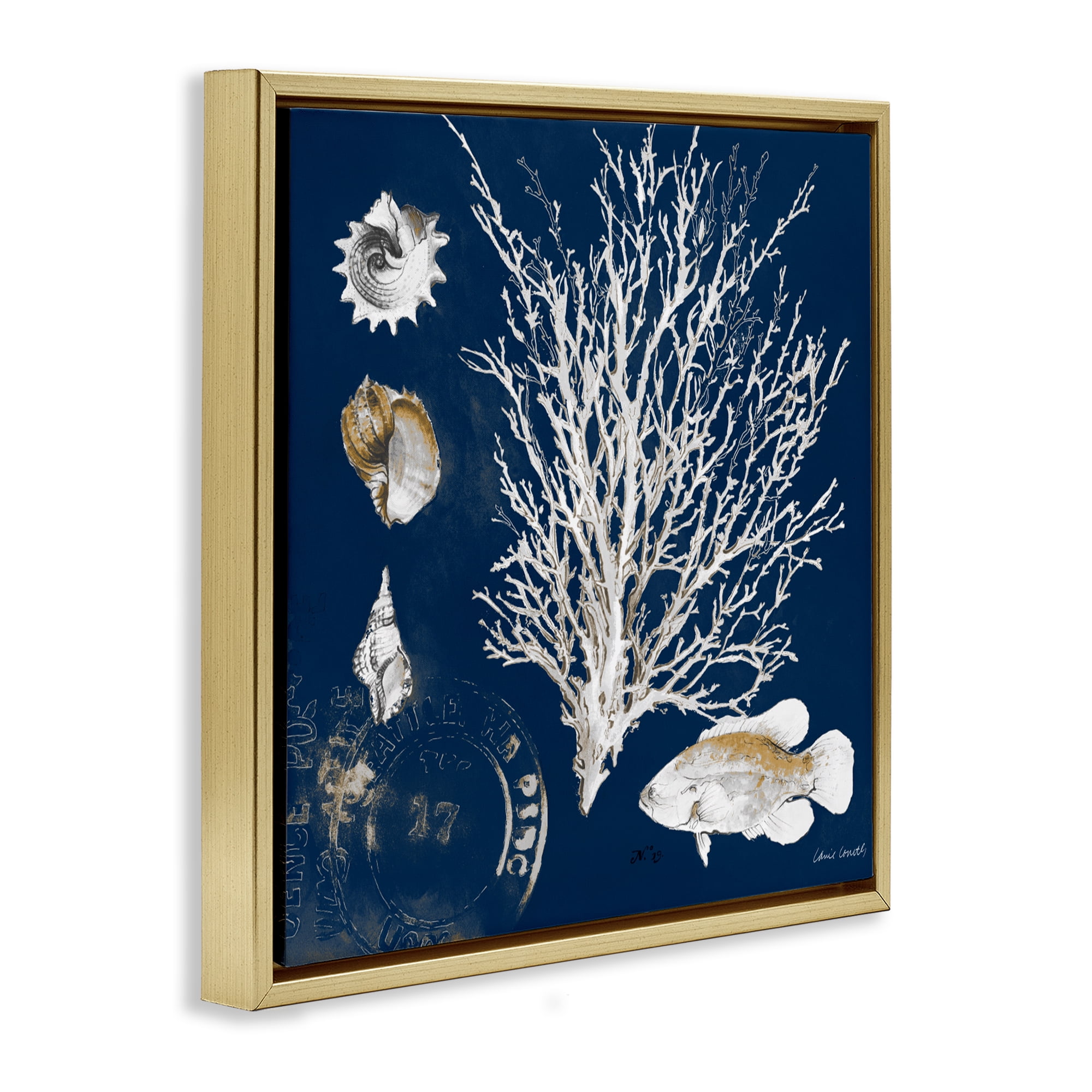 Stupell Industries Coral Medley on Navy Gold Framed Floater Canvas Wall Art, design by Lanie Loreth