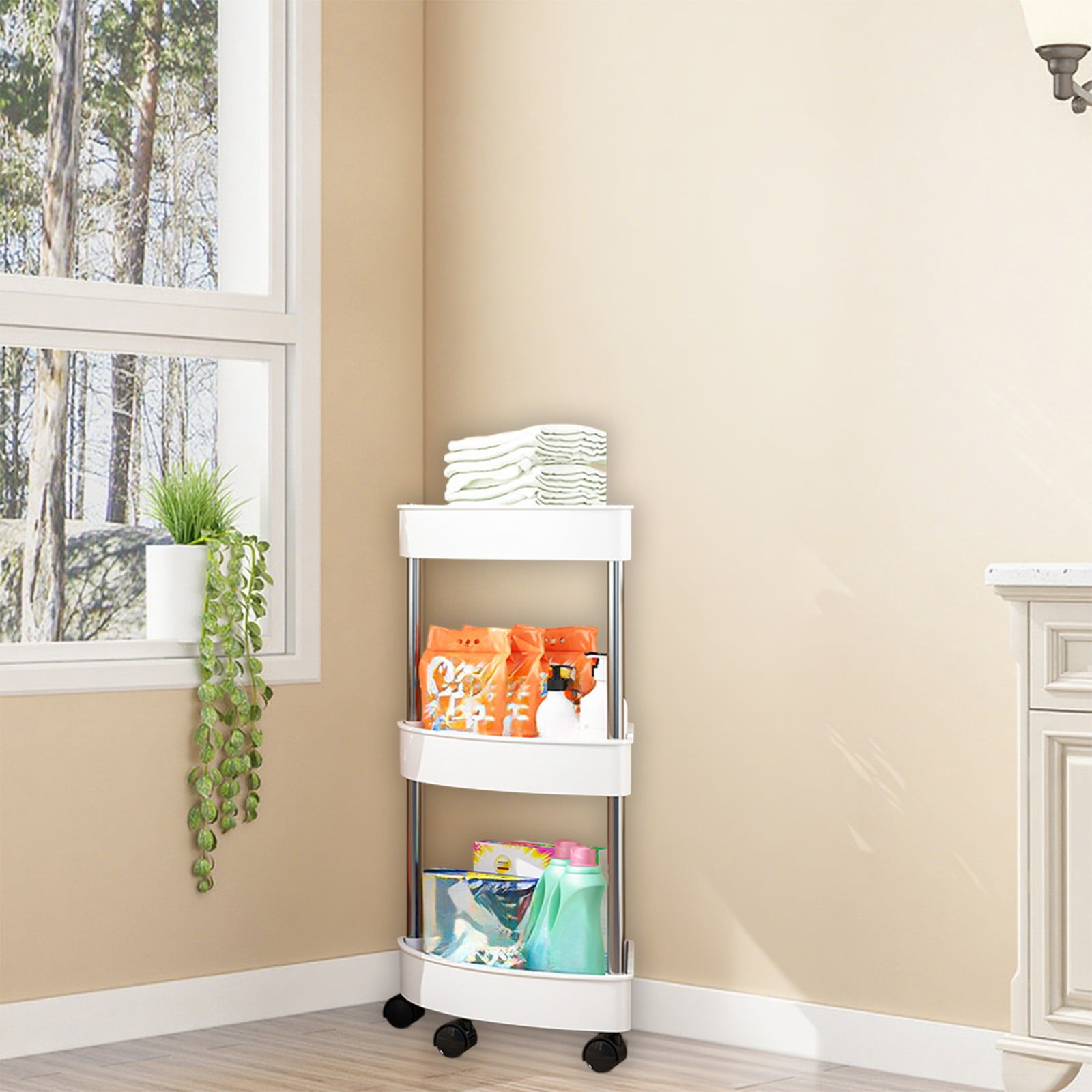 Bathroom Shelf Organizer Bathroom Corner Shelf Organizer with Rolling Wheels, 4 Tier Corner Storage Shelf with Drainage Holes for Shower, Detachable Rolling Cart for Bathroom Organization
