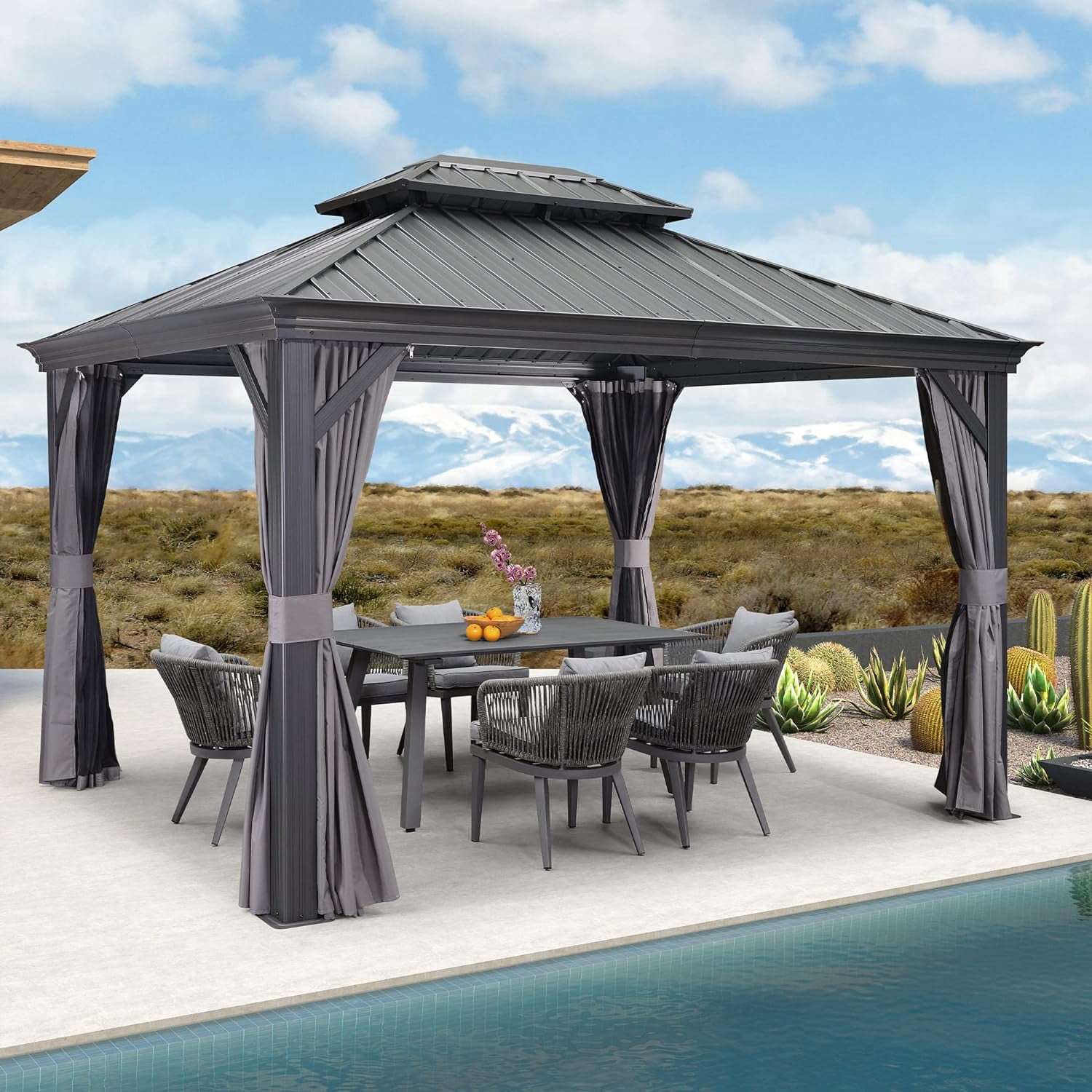PURPLE LEAF 10' X 12' Permanent Hardtop Gazebo Aluminum Gazebo with Galvanized Steel Double Roof for Patio Lawn and Garden, Curtains and Netting Included, Gray