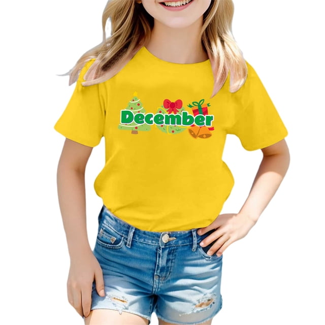 PMVFHDE Hauts d'Été pour Filles T-Shirts d'Été Manches Courtes pour Filles Tunique Manches Courtes pour Filles T-Shirts d'Été Manches Courtes Col Rond pour Enfants avec Imprimés Mensuels Jaune, 5-6 Ans