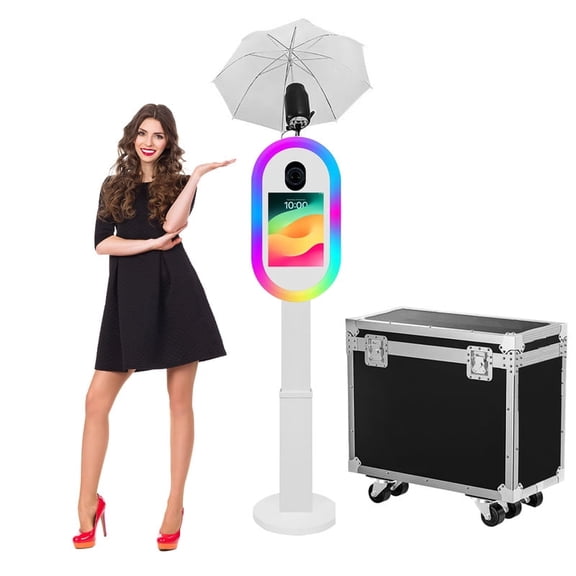 Portable iPad Photo Booth with RGB Ring Light, Height Adjustable Selfie Station for Parties, Events, Weddings, Includes Professional Flight