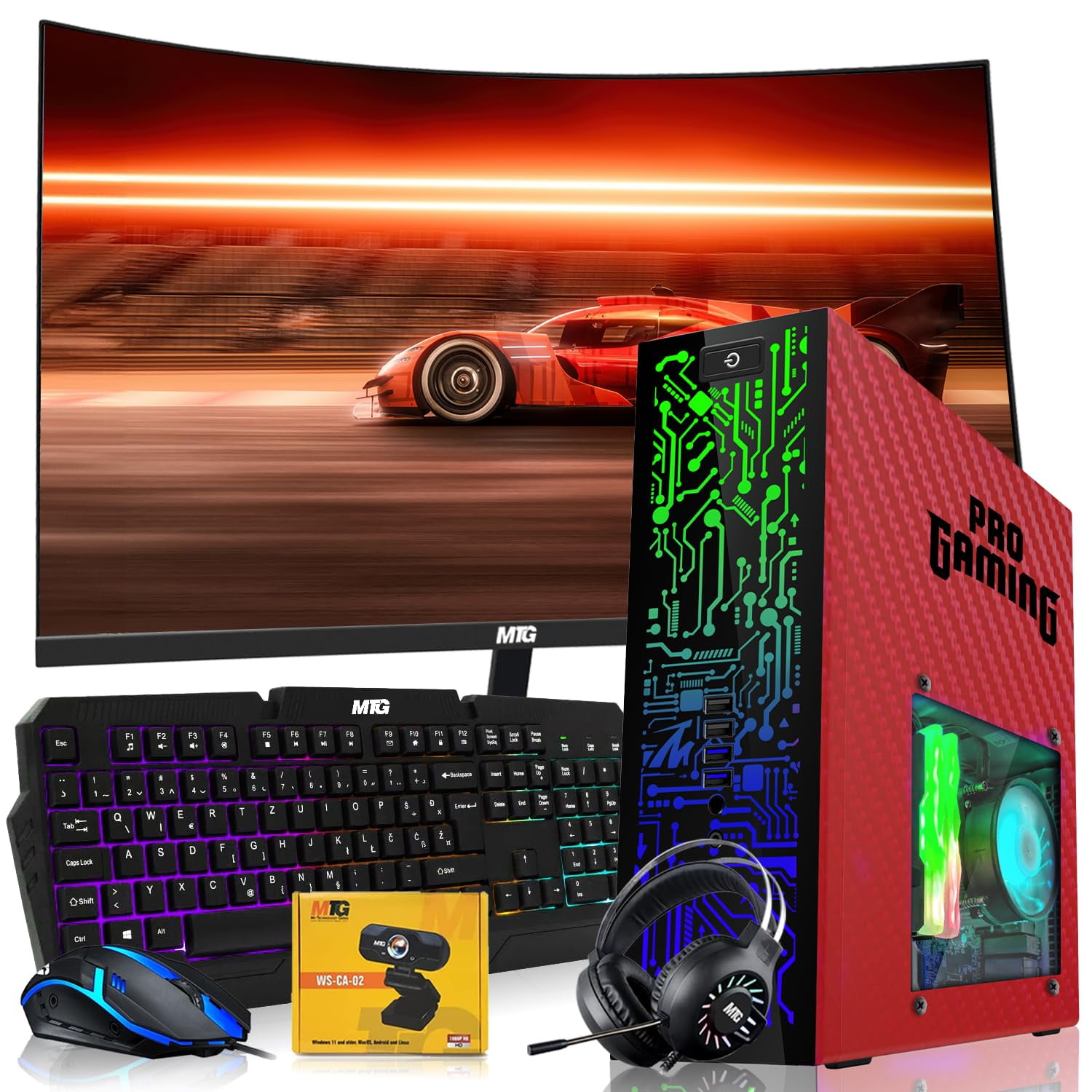 Restored Hp Carbon Red Desktop Computer PC–Intel Core i5,16GB ARGB RAM,512GB SSD,GT-1030 Graphic Card,24 Inch Curved Monitor,RGB KBM with AI Copilot Key,RGB Headphone,Webcam,Windows 11