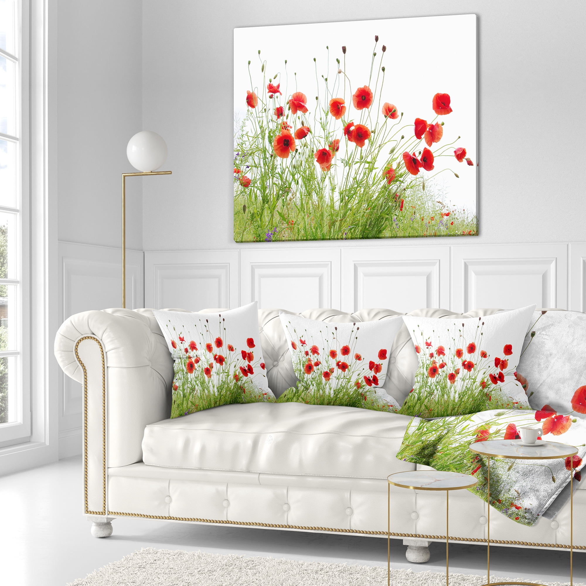 Designart Poppies on White Background - Floral Throw Pillow - 16x16