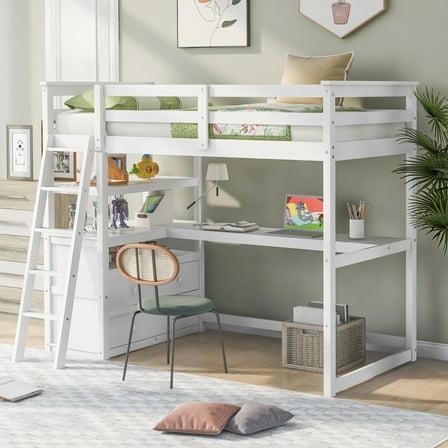 CoSoTower Twin Size Loft Bed with Desk and Shelves, Two Built-In Drawers, White