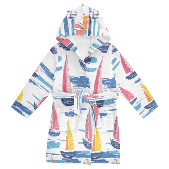 FORMRS Niños Bathrobe Unisex Hooded Robe Soft Plush Pajamas Sleepwear, Size 2-3T, Pink Hand Drawn Sailboats