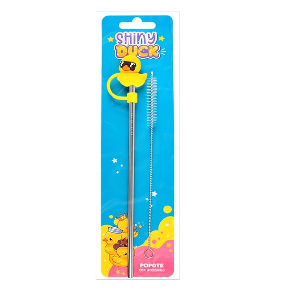 Popote con Accesorio Prichos Shiny Duck Color Plateado de Metal y PVC 1 Pieza