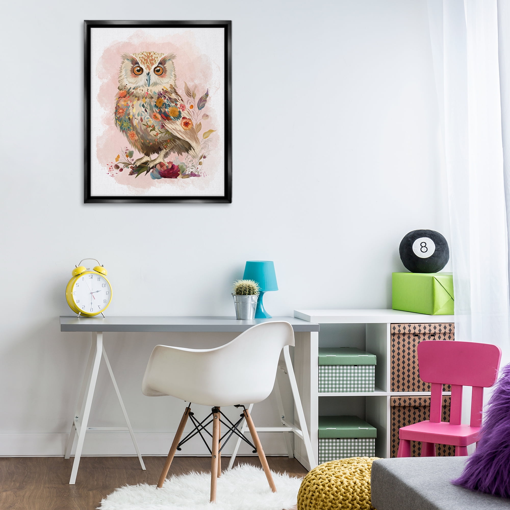 Stupell Industries Owl & Wild Blooms Animals & Insects Painting Black Floater Framed Canvas Art Print Wall Art, 25 x 31