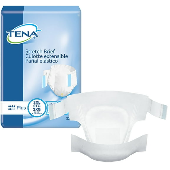 TENA Stretch Plus Briefs, Incontinence, Disposable, Moderate Absorbency, 2XL, 32 Count, 2 Packs, 64 Total