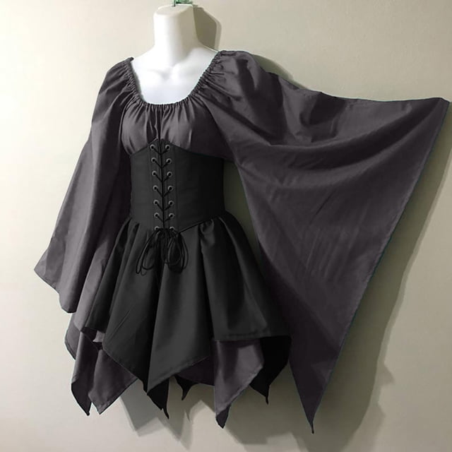 FcBaudy Robe Longue à Manches Longues Col Rond Genouillères, Robes Femmes, Robes d'Été pour Femmes Costumes Femmes Robes Corset Gothiques Manches Longues Col Rond Robe Genou Robe Femmes