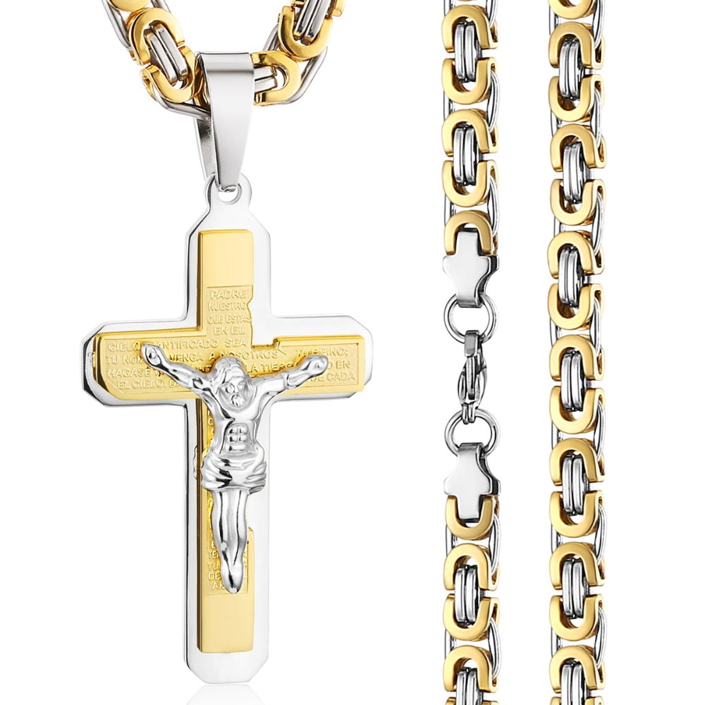 Lordluxury Crucifix Jesus Cross Necklace 14K Yellow Gold Christs Pendant Byzantine Chain Men Necklaces Jewelry Gifts