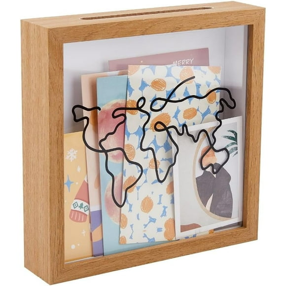 Travel Memory Box 7.8x7.8inch Adventure Archive Box Shadow Box Ticket Holder with Slot Travel Collection Box Top Loading Travel Memory Box for Keepsake Photos Plane Ticket