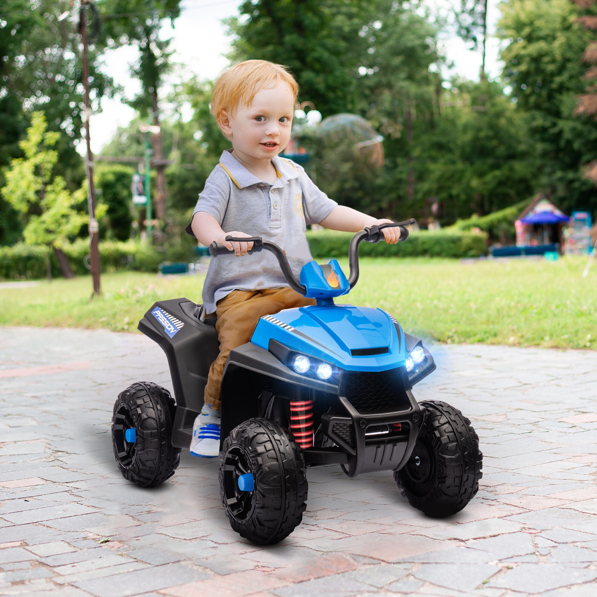 Riding Toys Qaba 12V ATV, Battery Powered Four Wheeler with Spring Suspension, Forward & Reverse, LED Lights, Music, MP3, Electric Car for , Blue,Balance Bikes For