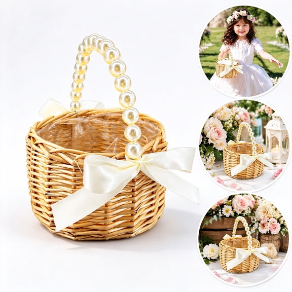 Wicker Rattan Flower Girl Basket with Bow & Pearl Handle, Handwoven Decorative Flower Basket, Reusable Flower Girl Baskets for Wedding Flower Girl Proposal & Home Decor Canastas para Decoracion