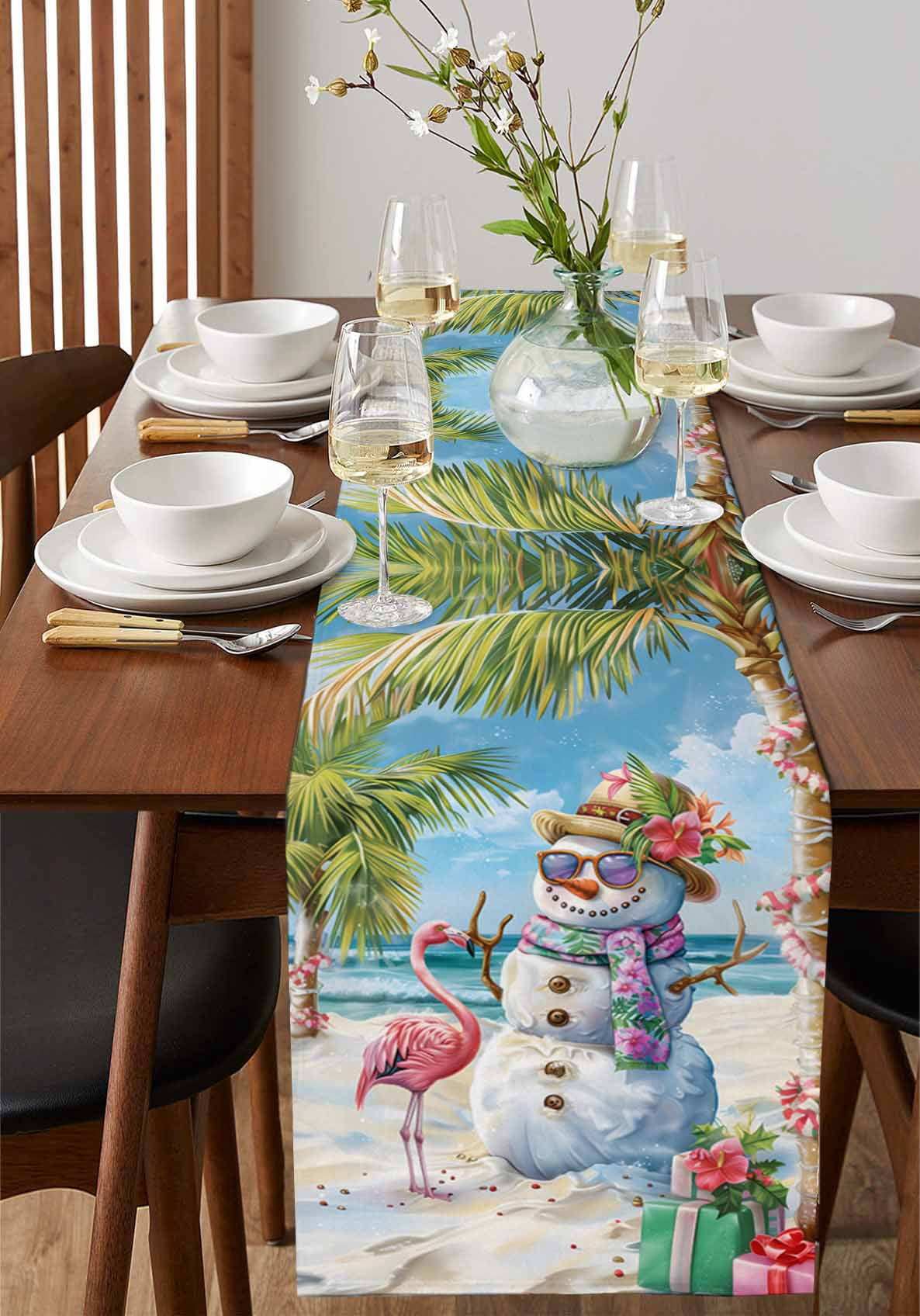 Coastal Snowman Christmas Table Runner Xmas Tree Flamingo Beach Tablerunners 13 x 120 Inch, Table Decorations Tabletop Scarf for Summer Gathering Holiday Farmhouse Kitchen Dining Decor