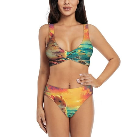 Zeuib Island Beach Guinea Pig High Waisted Tummy Control Bikini Set - Knot Front Push Up Top & Cheeky Thong Bottom  Two-Piece Swimsuit for Women-Large