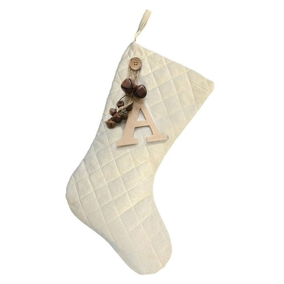 Natural White Quilted Cotton Christmas Stocking with Alphabet Letter Charm & Rusty Bells by Marilee Home