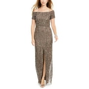 Adrianna Papell Women's Off The Shoulder Beaded Gown Brown Size 6