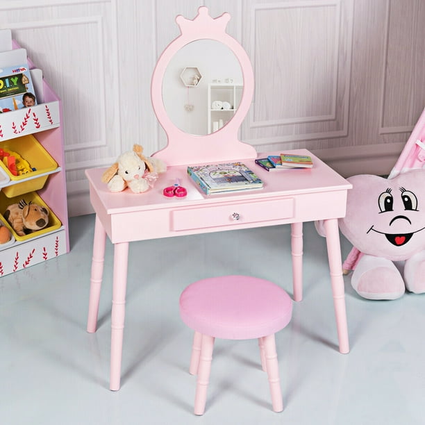 Gymax Kids Vanity Makeup Table Chair, Makeup Table And Chair With Lights