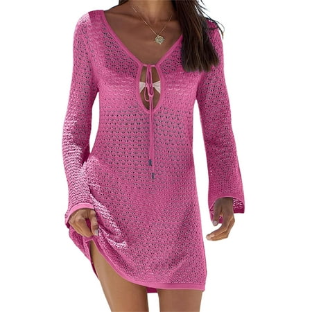 Women Swimsuit Cover Up Beachwear Tie-Up Front Hollow-Out Summer Swimsuit Coverup Bathing Suit Bikini Cover Ups Dresses