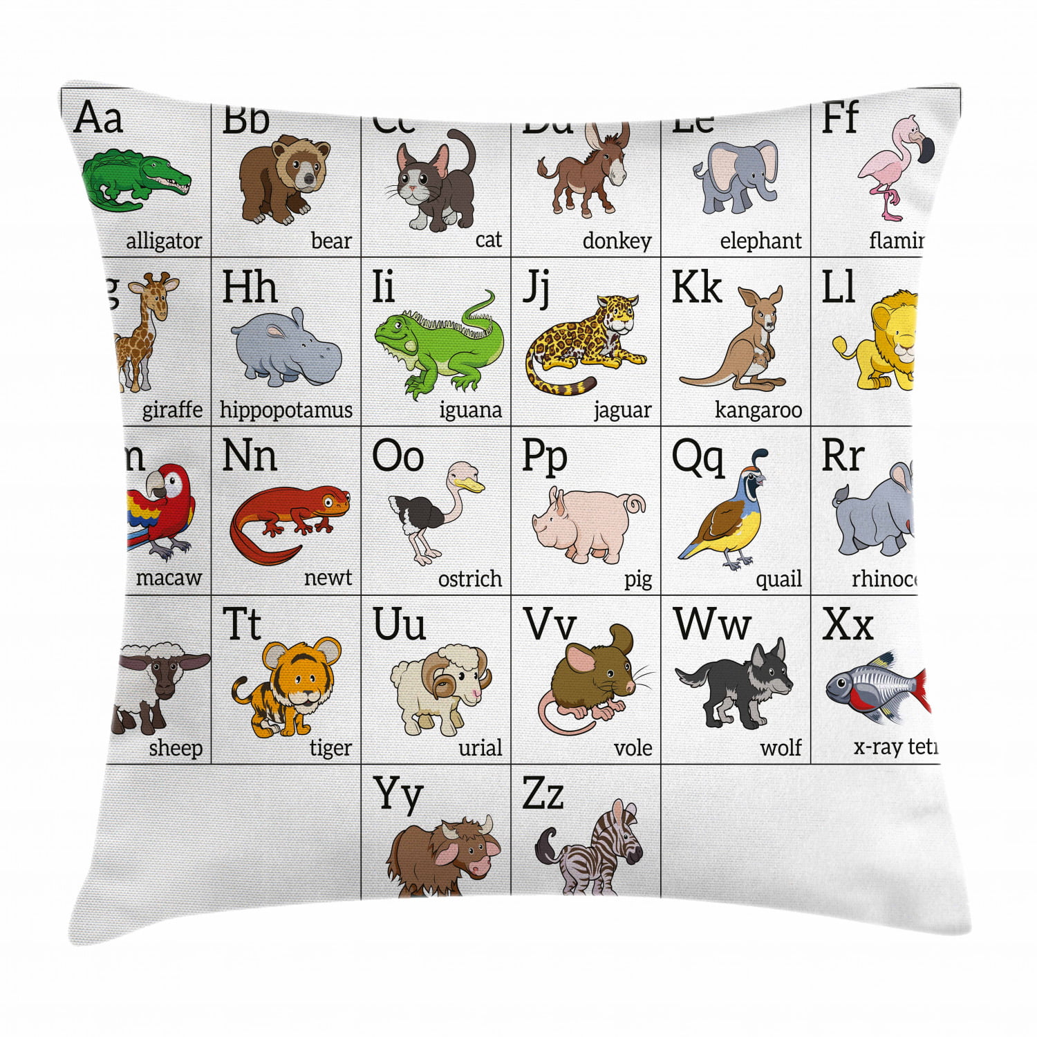 Educational Throw Pillow Cushion Cover, Alphabet Learning Chart with  Cartoon Animals Names Letters Upper and Lowercase, Decorative Square Accent  Pillow Case, 18 X 18 Inches, Multicolor, by Ambesonne 